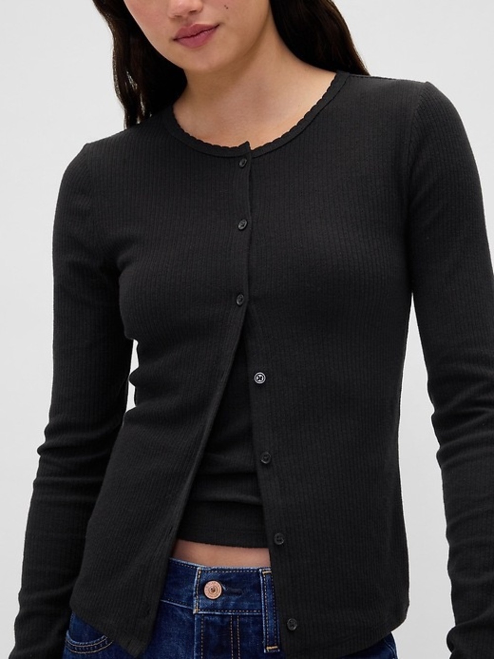 Gap Pointelle Black Ribbed Button Front Women's Sweater Cardigan XS 0/2